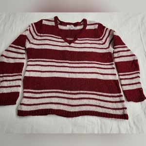 St John's Bay V Neck Sweater Women XL Burgandy and White Stripes